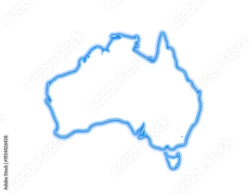 Blue neon outline of the continent Australia, isolated against a white background