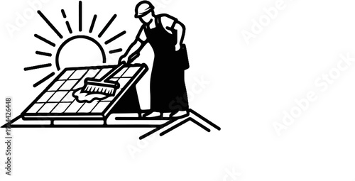 Worker cleans solar panels under a bright sun, on a rooftop