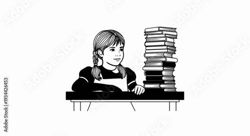 Young girl with pigtails looking at a large stack of books