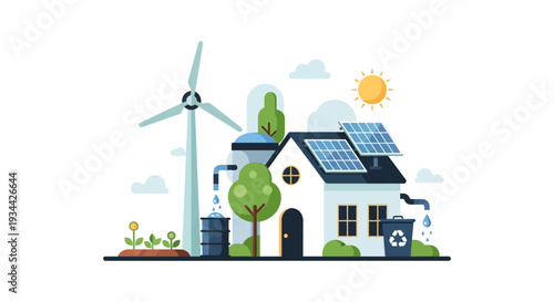 Sustainable Eco-Friendly Home with Solar Panels, Wind Turbine, Rainwater Harvesting, and Recycling System. Green Energy Smart House Concept.
