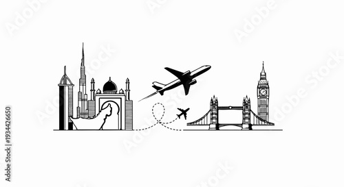 Iconic world landmarks connected by airplanes, symbolizing global travel and exploration