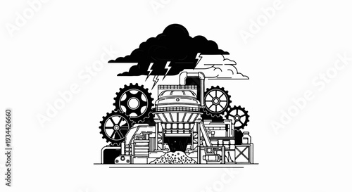 Industrial gears operate under a stormy, lightning-filled sky