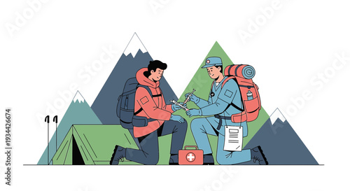 Mountain Rescue: Medic Tends Injured Hiker Near Tent and Mountains