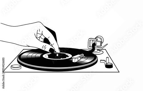 Hand adjusting a vinyl record on a turntable in a close-up view
