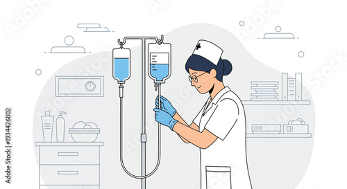 Nurse Adjusting IV Drip Bag for Patient Treatment in Medical Room