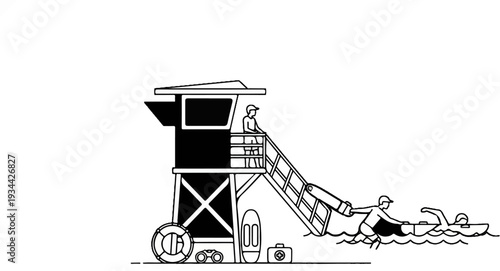 Lifeguard tower with rescuer aiding swimmer