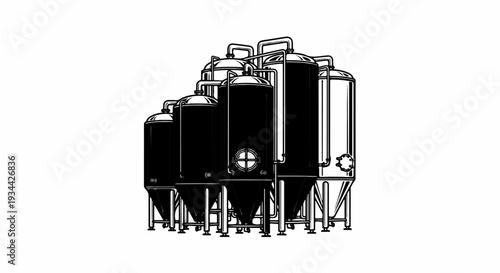Industrial tanks lined up, varying in height, with pipes and supports