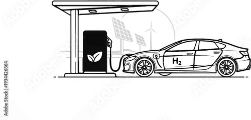 Hydrogen car fueling at green energy station with solar and wind power