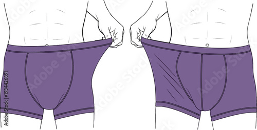 Illustration of male torso and hands holding purple underwear