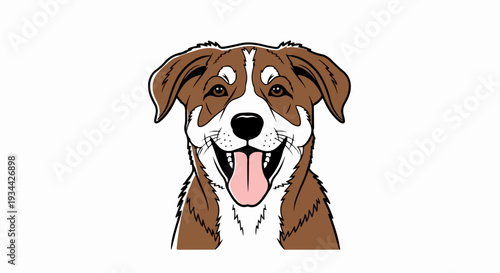 Happy cartoon dog with brown and white fur, tongue out