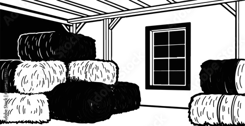 Hay bales stacked inside a simple barn with a window