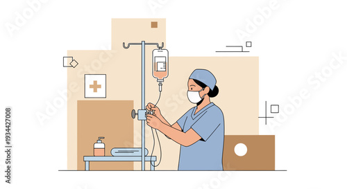 Nurse Adjusting IV Drip for Patient Treatment in Hospital Room