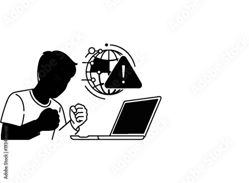 Frustrated person with fists clenched looks at laptop displaying a global warning