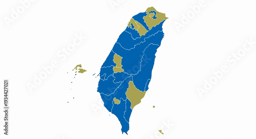 Geographical map of Taiwan with regions colored blue and gold