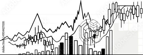 Hand-drawn financial chart with candlestick and bar graph data visualization