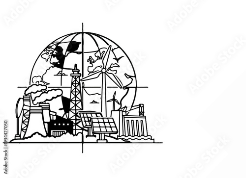 Global energy sources illustrated with wind turbines, solar panels, and industrial buildings