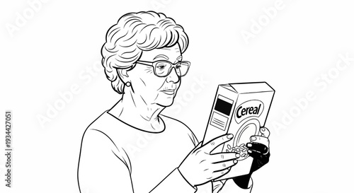 Elderly woman wearing glasses inspects a box of cereal