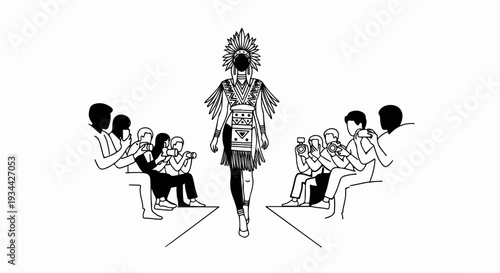 Fashion show with a model in indigenous attire and photographers