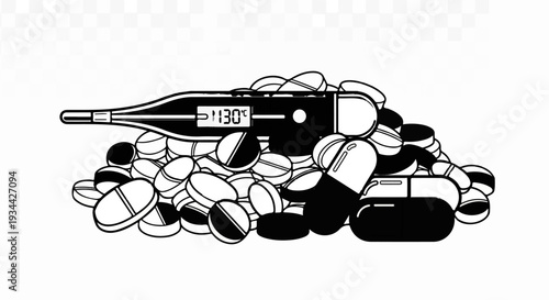 Digital thermometer rests on a pile of various pills and capsules