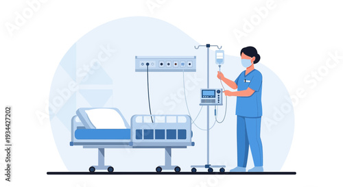 Nurse Adjusting IV Drip Next to Hospital Bed and Medical Monitor