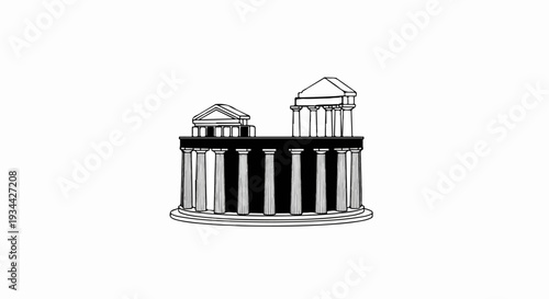 Monochromatic line art of ancient Greek-style buildings with columns on a circular base