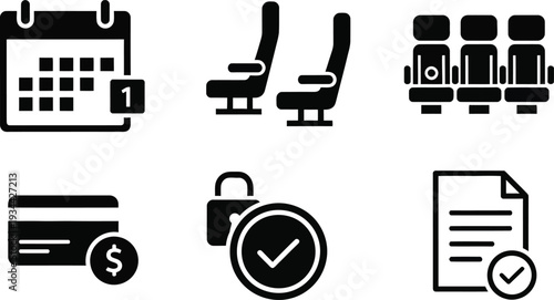 Calendar, Seats, People, Credit Card, Lock, Document Icons - Flat Design Vector Illustration