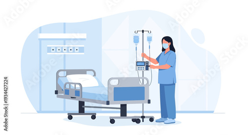 Nurse Adjusting IV Drip Next to Hospital Bed in Modern Clinic Room