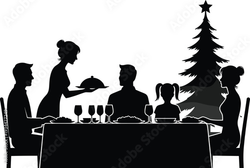Family dining silhouettes, parent serving children at table vector illustration, household mealtime artwork, daily routine design elements, social interaction lifestyle graphics collection