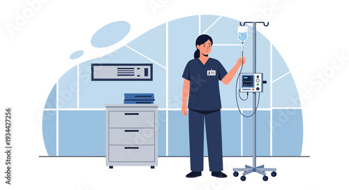 Nurse Adjusting IV Drip Setup in Modern Clinic Room Flat Illustration