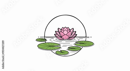 Delicate pink water lily floats on rippling water with green lily pads