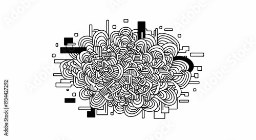 Intricate black and white abstract doodle with linear and curved elements