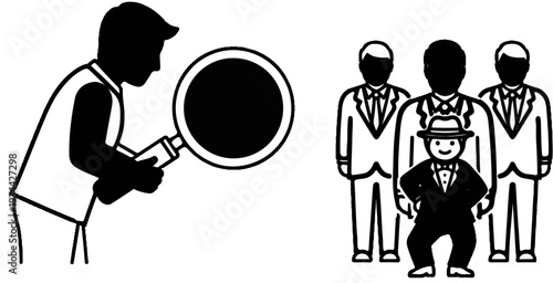 Investigator examining a group of people, one small figure stands out