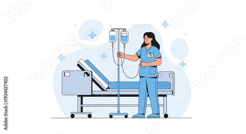 Nurse Adjusts IV Drip Beside Hospital Bed
