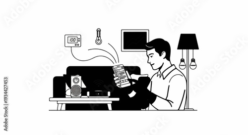 Man using smartphone to control smart home devices from his couch