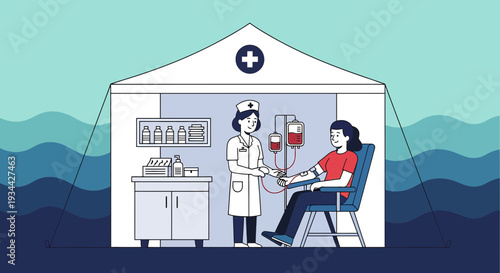 Nurse Administering Blood Donation in Outdoor Clinic Tent