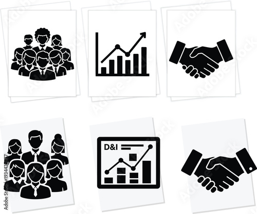 Set of essential business vector icons illustrating successful team collaboration, market growth, strategic partnerships, and diversity in the workplace