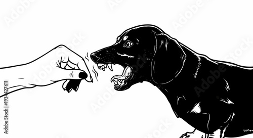 Black dachshund aggressively barking at a hand reaching out with something