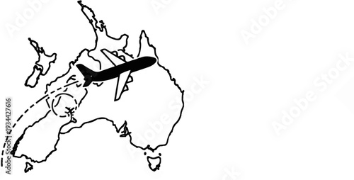 Silhouette of a plane flies over a map of Australia and New Zealand
