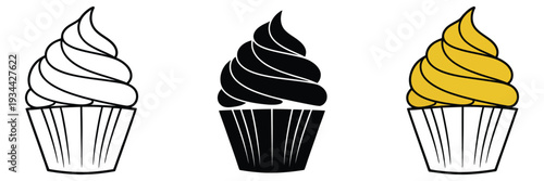 Linear cupcake illustration, simple vector graphic of a decorated muffin in line art style, monochrome design for dessert branding, icons, and culinary infographic use.