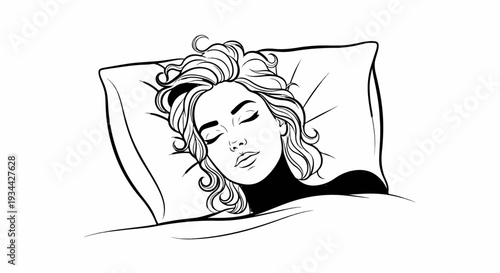 Black and white sketch of a woman sleeping peacefully on a pillow