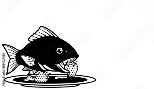 Black fish on a plate holding a strawberry, with two strawberries nearby