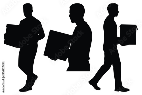 Silhouettes of men carrying boxes in various walking positions