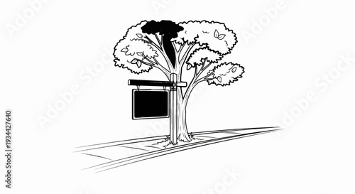 Black and white sketch of a tree with a signpost and a dark signboard