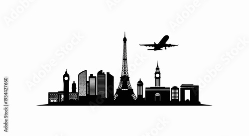 Silhouette of iconic landmarks from different cities with a plane flying overhead