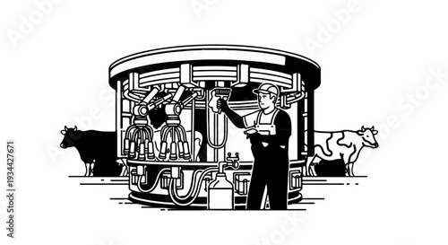 Person operating automated milking machine with cows nearby