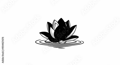 Black and white lotus flower on rippling water, minimalist illustration