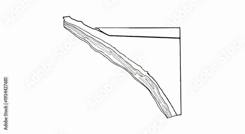 Black and white sketch of a wooden plank with a simple geometric shelf