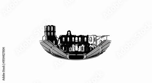 Black and white illustration of an ancient stone amphitheater ruin