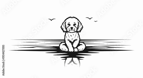 Black and white illustration of a fluffy dog sitting on a striped surface with birds