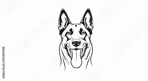 Black and white illustration of a happy dog's face with tongue out